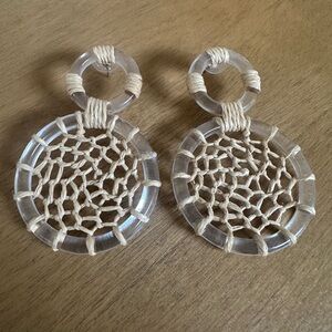 Beige and Clear Lucite Lightweight Woven Hoop Earrings